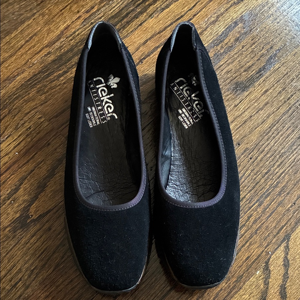 Black suede Rieker loafers